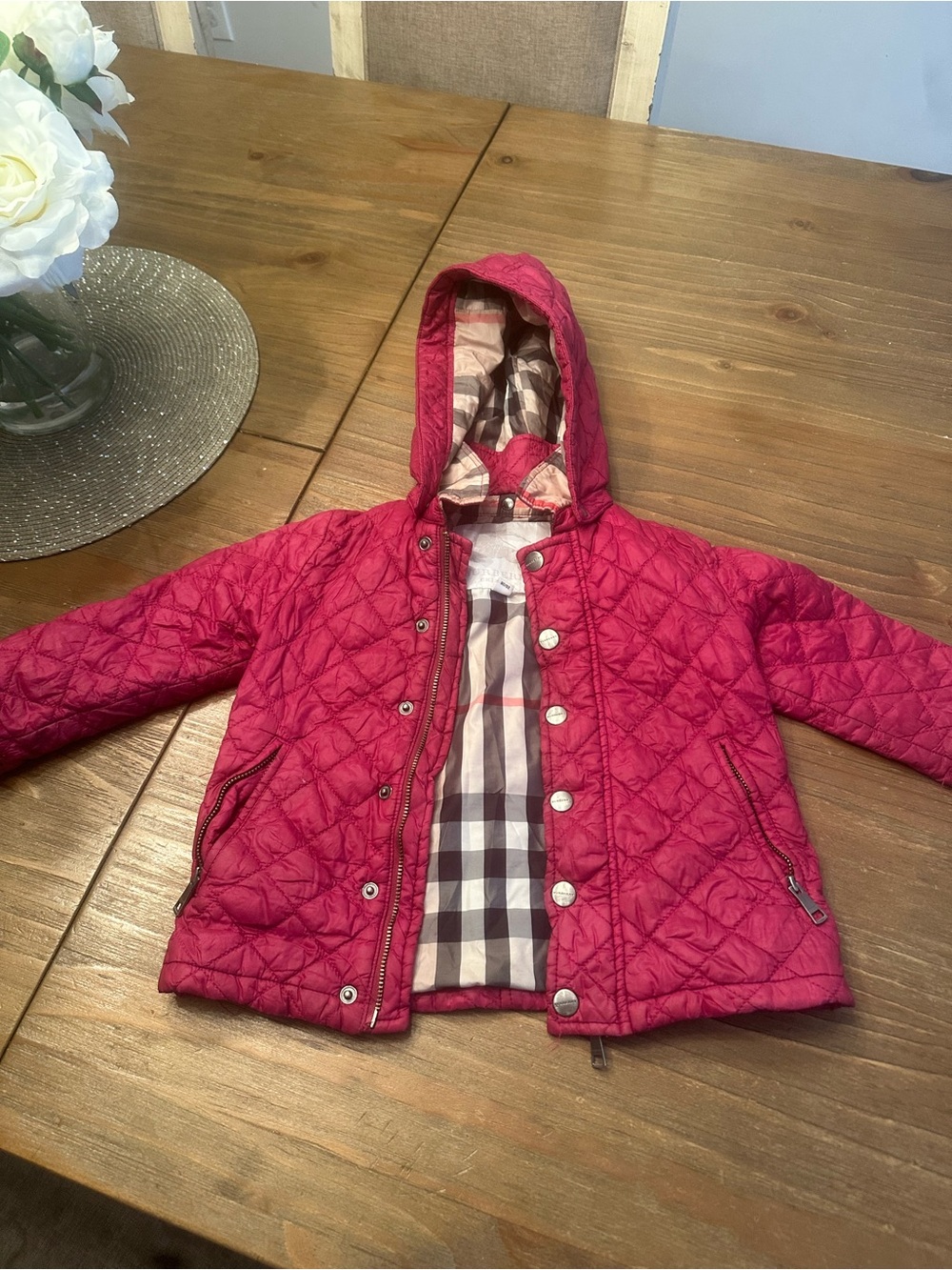 Burberry Quilted Hooded Jacket in Deep Pink